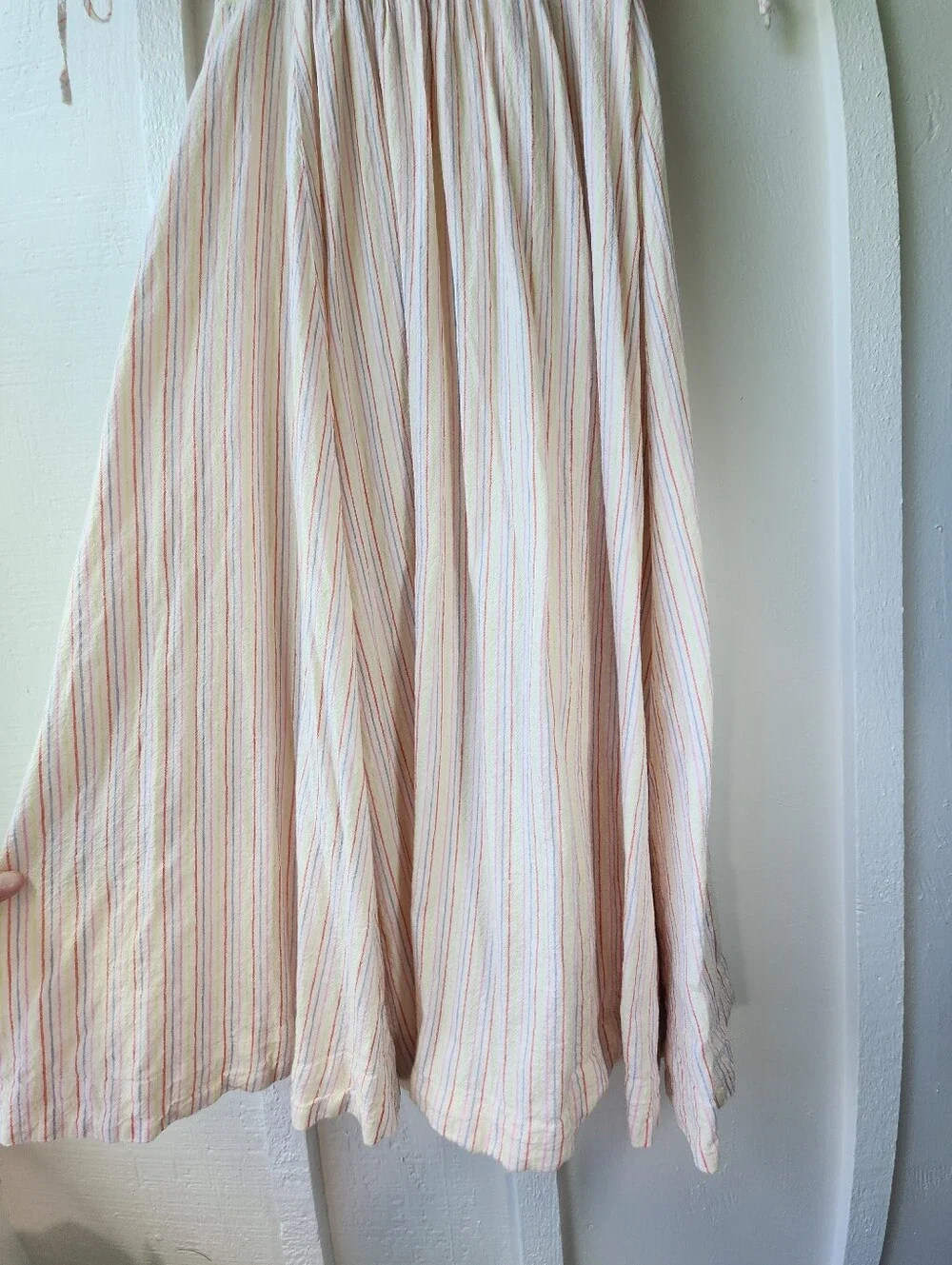 Free People Sunshine Eyes Linen Midi Dress Cream Stripe Puff-Sleeve Size XS